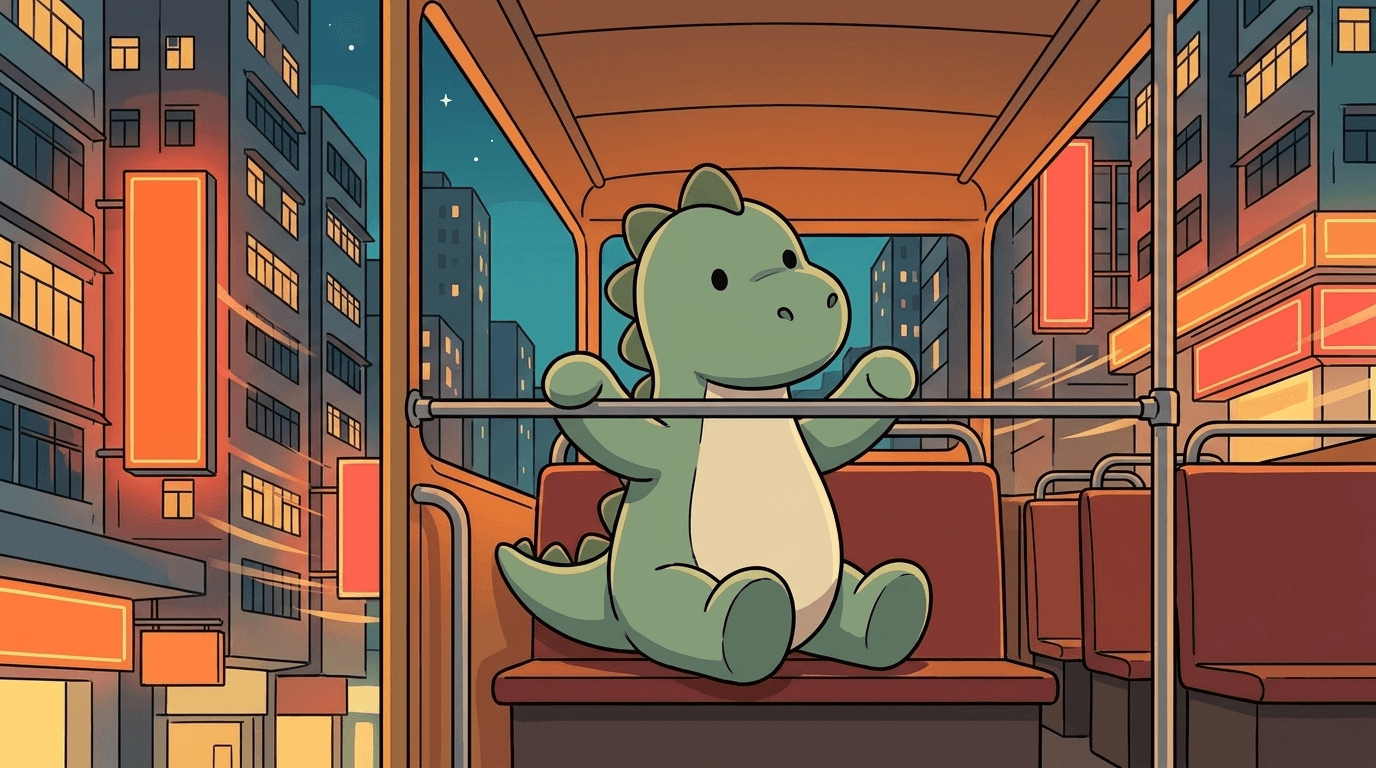 同一隻恐龍公仔變成插畫，夜晚坐電車，霓虹招牌喺窗外掠過