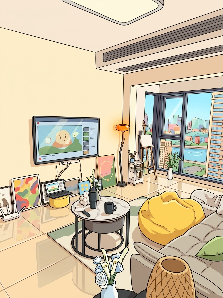 The same apartment redrawn as a storybook illustration