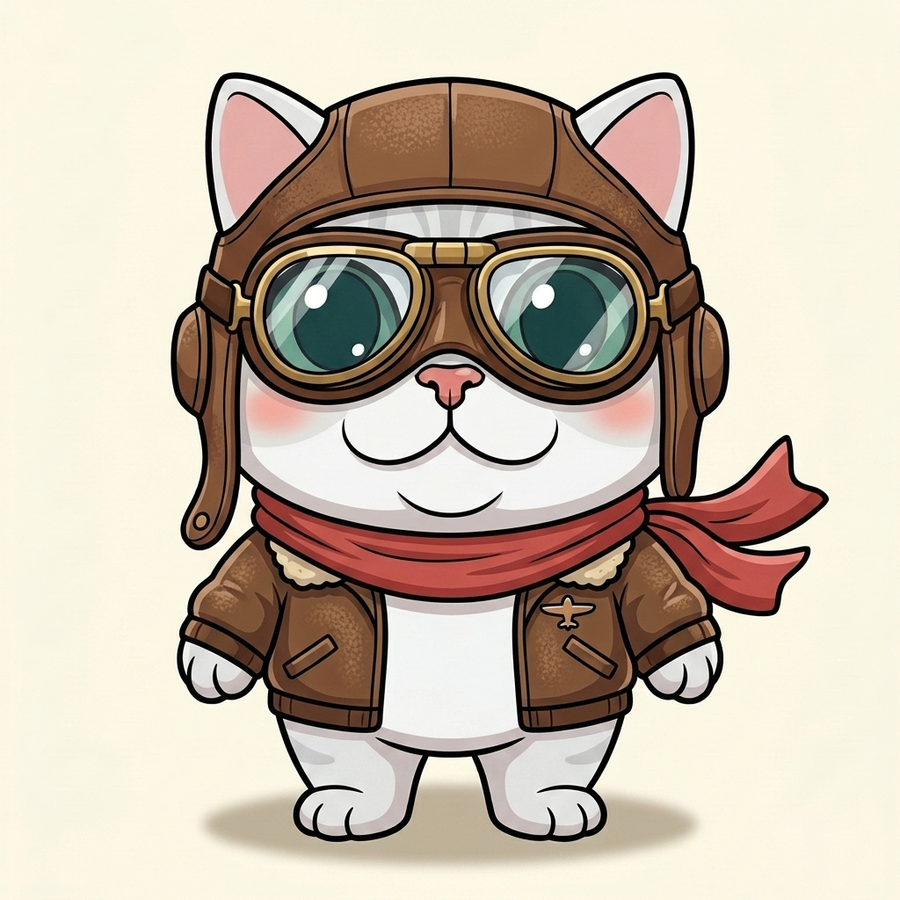 The cat redrawn as a storybook fighter pilot in helmet and goggles