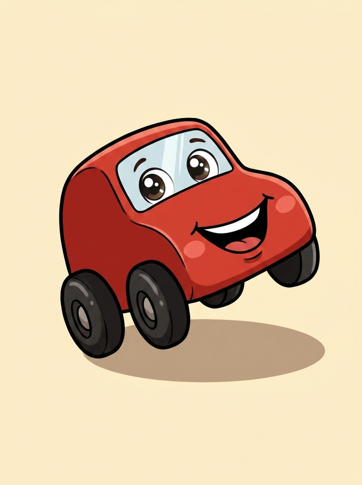 The toy car redrawn as a cheerful storybook character with a face
